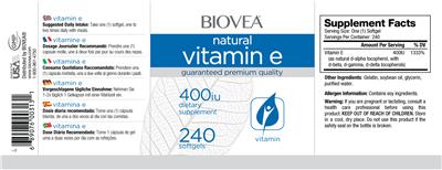 Photo of the BIOVEA Natural Vitamin E 400 IU label