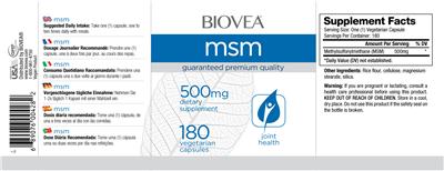 Photo of the BIOVEA MSM 500 mg label