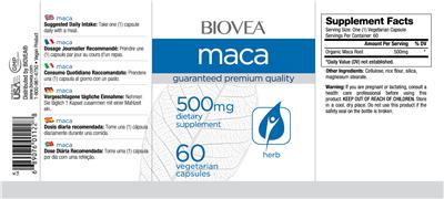 Photo of the BIOVEA Maca 500 mg label