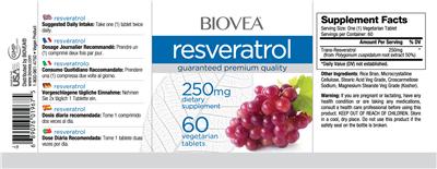 Photo of the BIOVEA Resveratrol 250 mg label