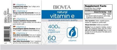 Photo of the BIOVEA Natural Vitamin E 400 IU label
