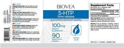 Photo of the BIOVEA 5-HTP Time Release 100 mg label