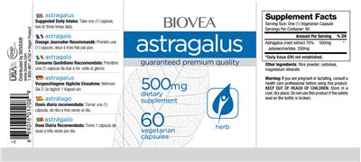 Photo of the BIOVEA Astragalus 500 mg label