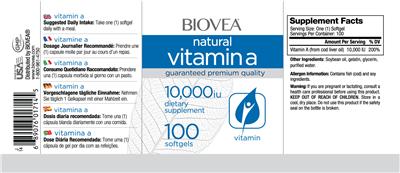 Photo of the BIOVEA Natural Vitamin A 10,000 IU label