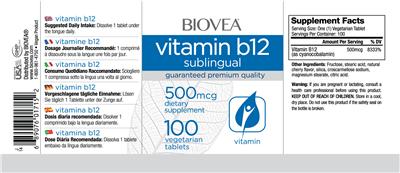 Photo of the BIOVEA Vitamin B12 Sublingual 500 mcg Cherry Flavor label
