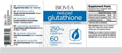 Photo of the BIOVEA Reduced Glutathione 250 mg label