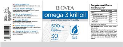 Photo of the BIOVEA Omega-3 Krill Oil 500 mg label