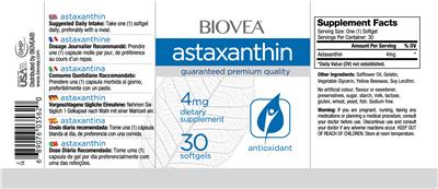 Photo of the BIOVEA Astaxanthin 4 mg label