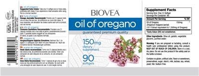Photo of the BIOVEA Oil of Oregano 150 mg label