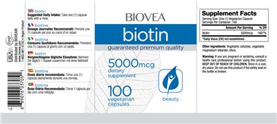 Photo of the BIOVEA Biotin 5000 mcg label
