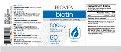 Photo of the BIOVEA Biotin 500 mcg label