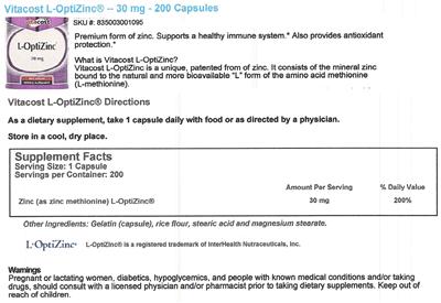 Photo of the Vitacost L-OptiZinc 30 mg label