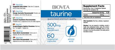 Photo of the BIOVEA Taurine 500 mg label