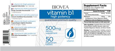 Photo of the BIOVEA Vitamin B1 High Potency 500 mg label