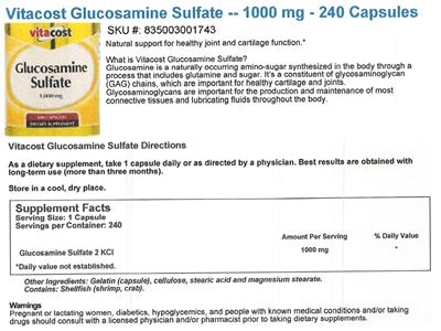 Photo of the Vitacost Glucosamine Sulfate 1,000 mg label