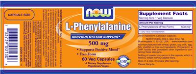 Photo of the NOW L-Phenylalanine 500 mg label