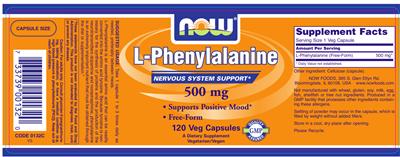 Photo of the NOW L-Phenylalanine 500 mg label