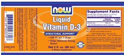 Photo of the NOW Liquid Vitamin D-3 label