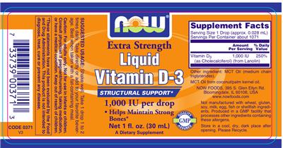 Photo of the NOW Extra Strength Liquid Vitamin D-3 label