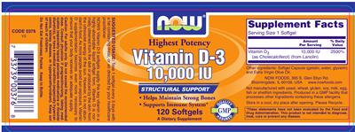 Photo of the NOW Vitamin D-3 10,000 IU label