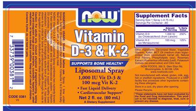 Photo of the NOW Vitamin D-3 & K-2 Liposomal Spray label