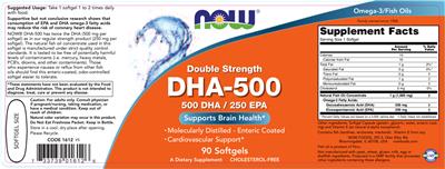 Photo of the NOW Double Strength DHA-500 label