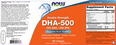 Photo of the NOW Double Strength DHA-500 label
