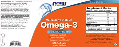Photo of the NOW Molecularly Distilled Omega-3 label