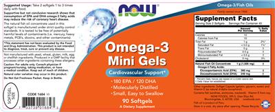 Photo of the NOW Omega-3 Mini Gels label