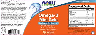 Photo of the NOW Omega-3 Mini Gels label