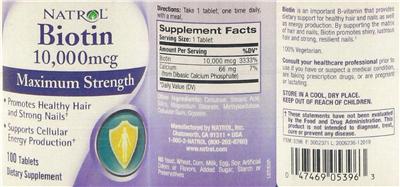 Photo of the Natrol Biotin 10,000 mcg Maximum Strength label