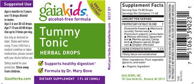 Photo of the GaiaKids Tummy Tonic Herbal Drops label