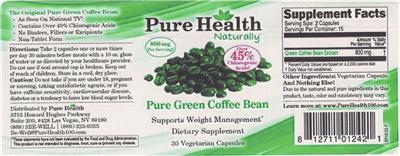 Photo of the Pure Health Naturally Pure Green Coffee Bean label