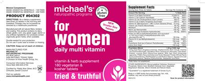 Photo of the Michael's Naturopathic Programs For Women Daily Multi Vitamin label