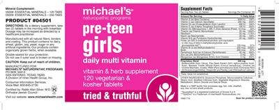 Photo of the Michael's Naturopathic Programs Pre-Teen Girls Daily Multi Vitamin label