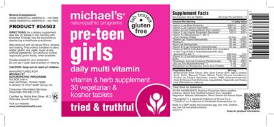 Photo of the Michael's Naturopathic Programs Pre-Teen Girls Daily Multi Vitamin label