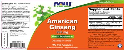 Photo of the NOW American Ginseng 500 mg label