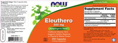 Photo of the NOW Eleuthero 500 mg label