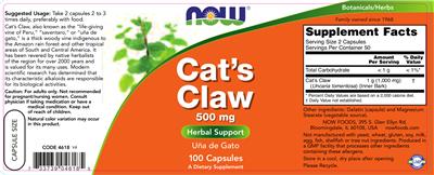 Photo of the NOW Cat's Claw 500 mg label