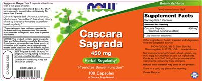 Photo of the NOW Cascara Sagrada 450 mg label
