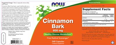 Photo of the NOW Cinnamon Bark 600 mg label