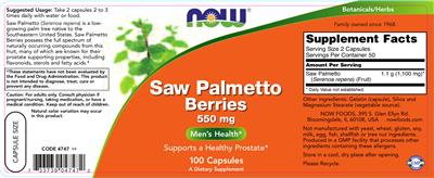 Photo of the NOW Saw Palmetto Berries 550 mg label