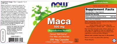 Photo of the NOW Maca 500 mg label