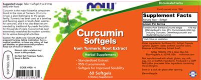 Photo of the NOW Curcumin Softgels From Turmeric Root Extract label