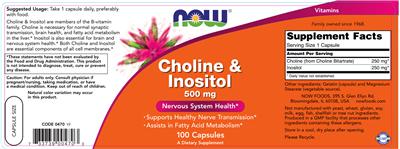 Photo of the NOW Choline & Inositol 500 mg label