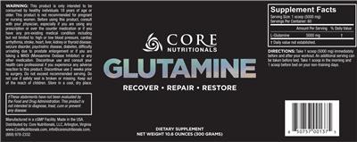 Photo of the Core Nutritionals Glutamine label