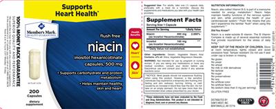 Photo of the Member's Mark Niacin Inositol Hexanicotinate Capsules, 500 mg label