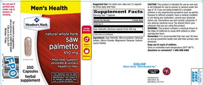Photo of the Member's Mark Natural Whole Herb Saw Palmetto 450 mg label
