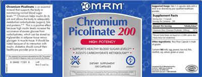 Photo of the MRM Chromium Picolinate 200 label