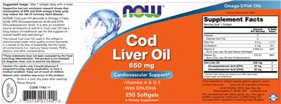 Photo of the NOW Cod Liver Oil 650 mg label